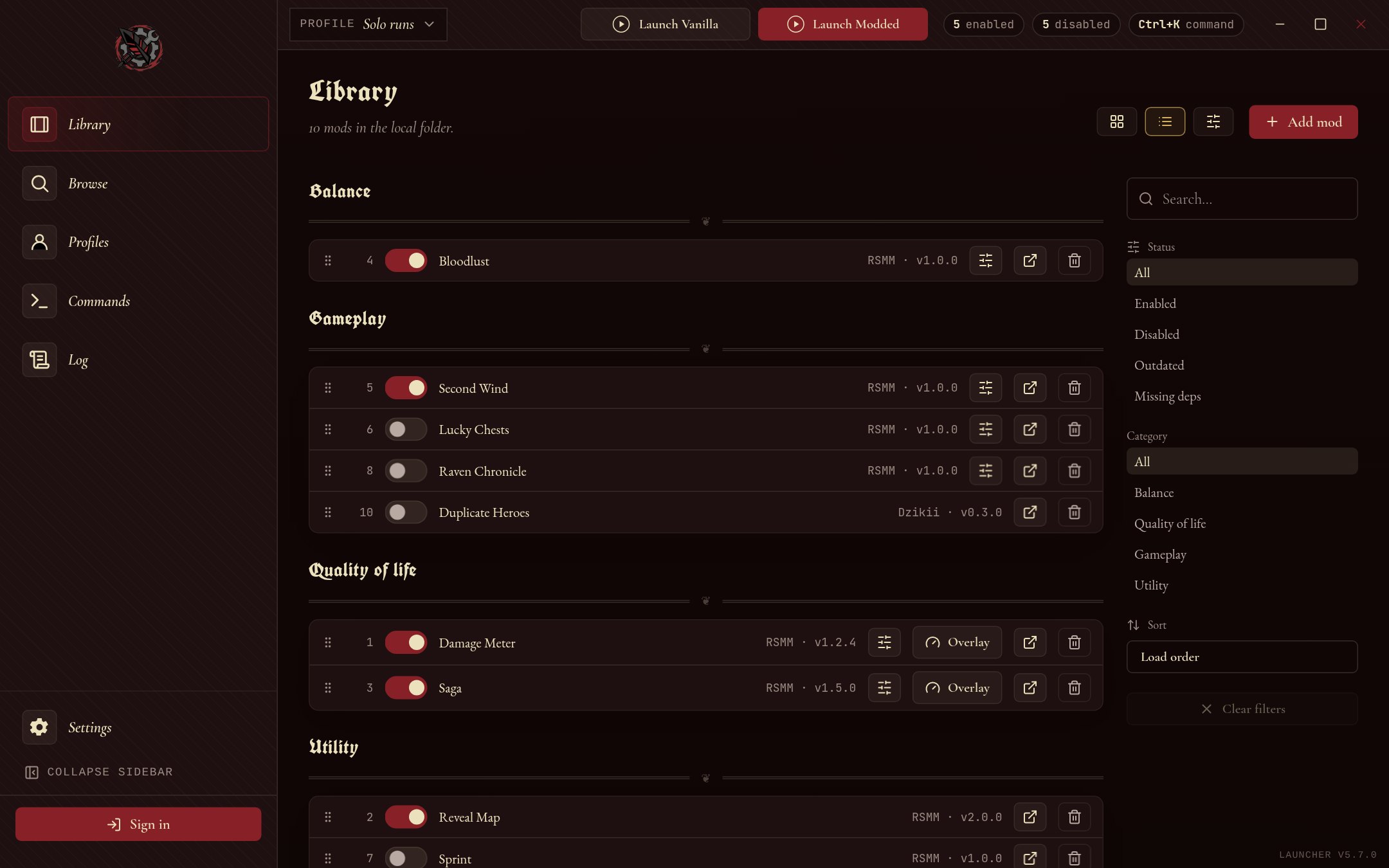 The library in list view, with each mod switched on or off and numbered in load order